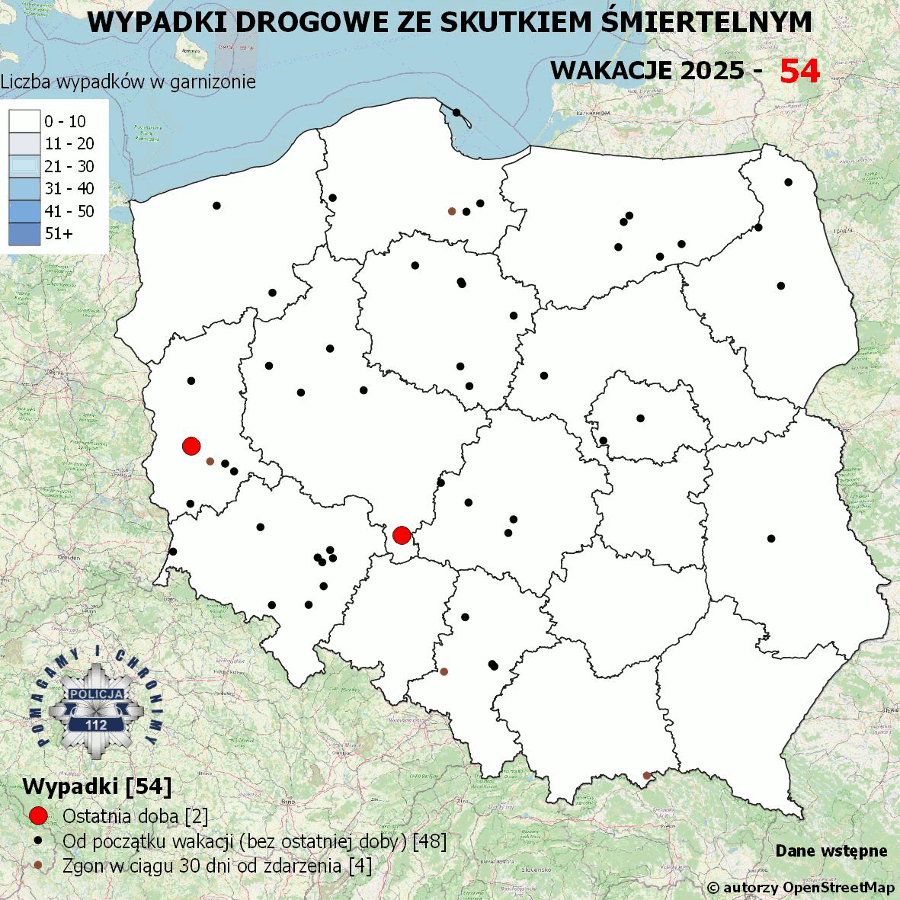 Mapa prezentująca liczbę wypadków poprzedniej doby w Polsce. Prezentowane dane są dostępne w tekście poniżej.