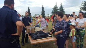 Policjanci prezentują sprzęt na festynie w Małej Klonii.