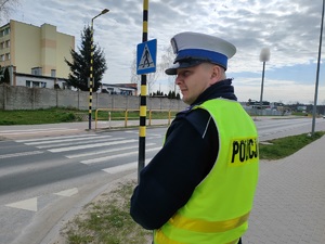 policjant pilnuje bezpieczeństwa w rejonie przejścia dla pieszych