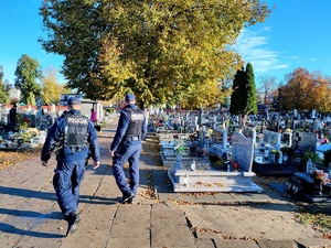 policjanci zapobiegają popełnianiu przestępstw i wykroczeń na cmentarzu