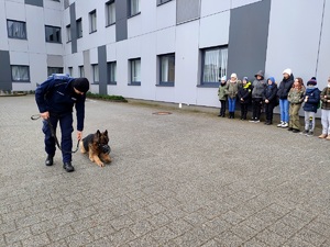 policjant prezentuje umiejętności psa służbowego