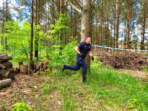policjant biegnie przez las
